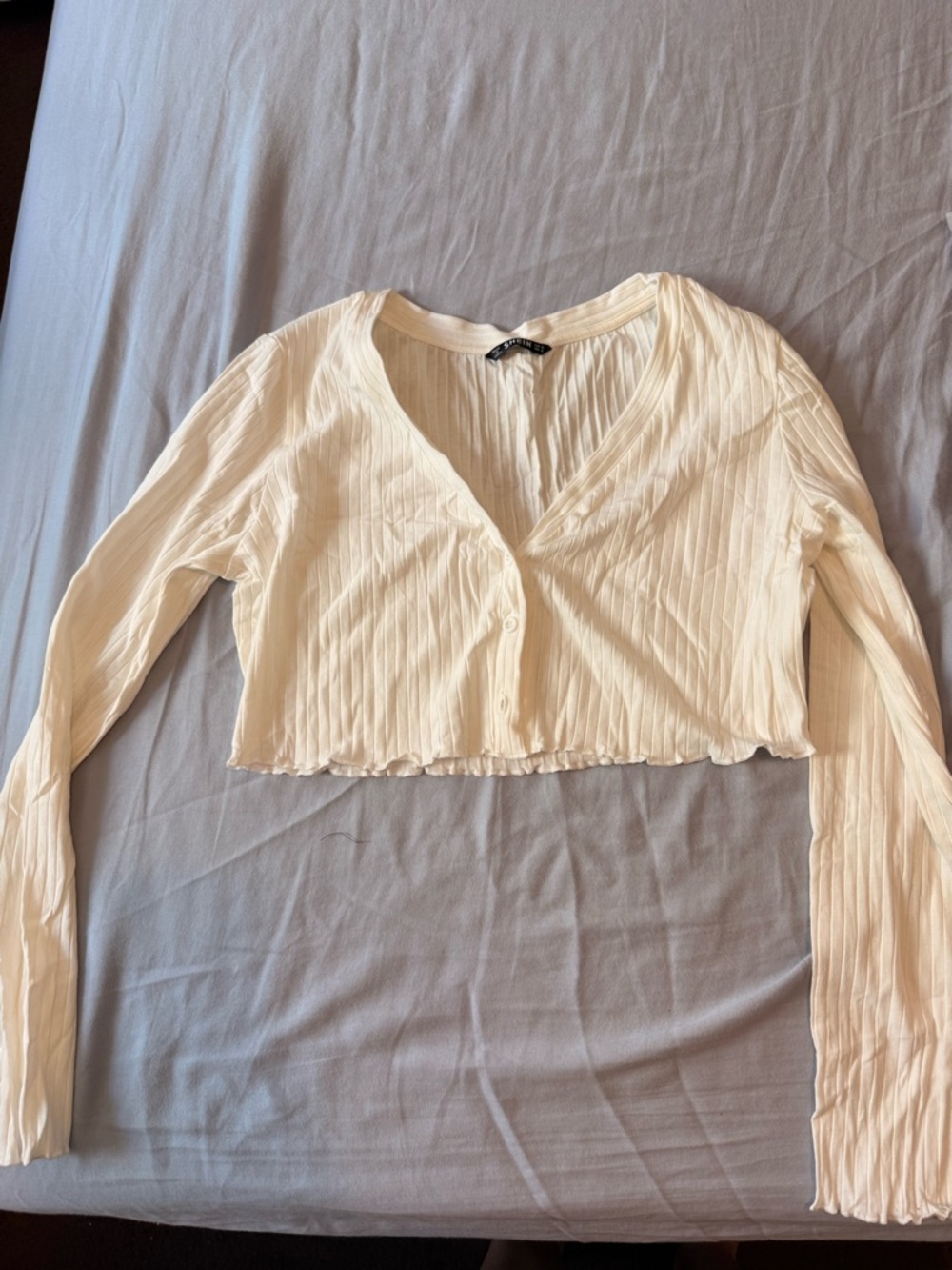 Light Cream Ribbed Cropped Button-Front Top